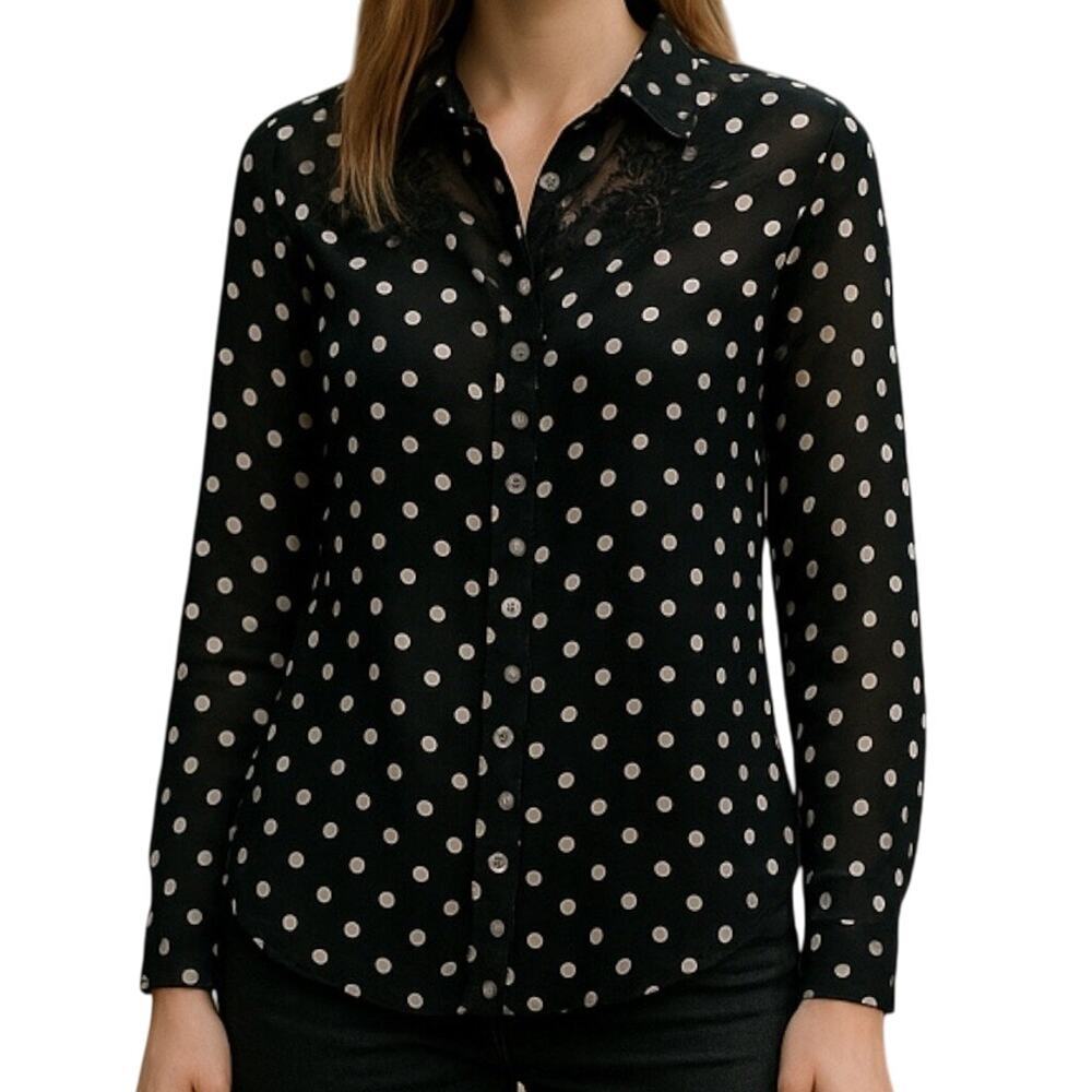 AMERICAN RAG Sz S Black & White Polka Dot Lace Shoulders Button Up Sheer | GUC